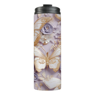 3D Lilac, Gold and Pearl Butterfly Thermal Tumbler