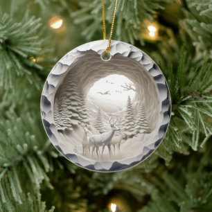 3D Look Deer Buck Country Forest Christmas Holiday Ceramic Tree Decoration