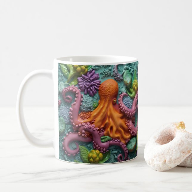 3D Look Printed Octopus Beach Ocean Coffee Mug (With Donut)