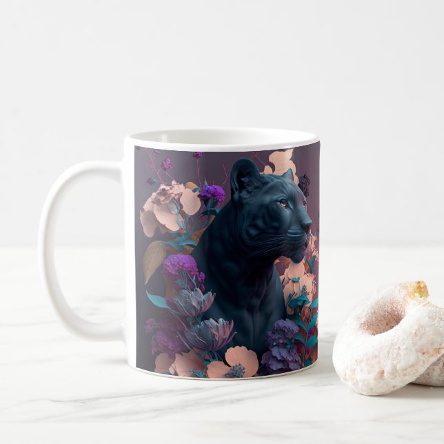 3D Looking Printed Black Panther and Flowers Coffee Mug (With Donut)