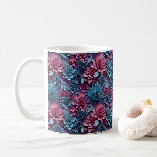 3D Looking Printed Colourful Flowers Coffee Mug (With Donut)