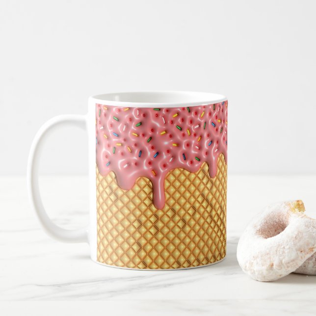3D Looking Printed Dripping Pink Ice cream Coffee Mug (With Donut)