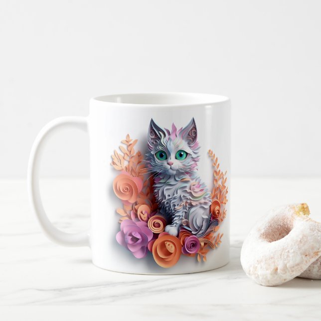 3D Looking Printed Kitten Cat Coffee Mug (With Donut)