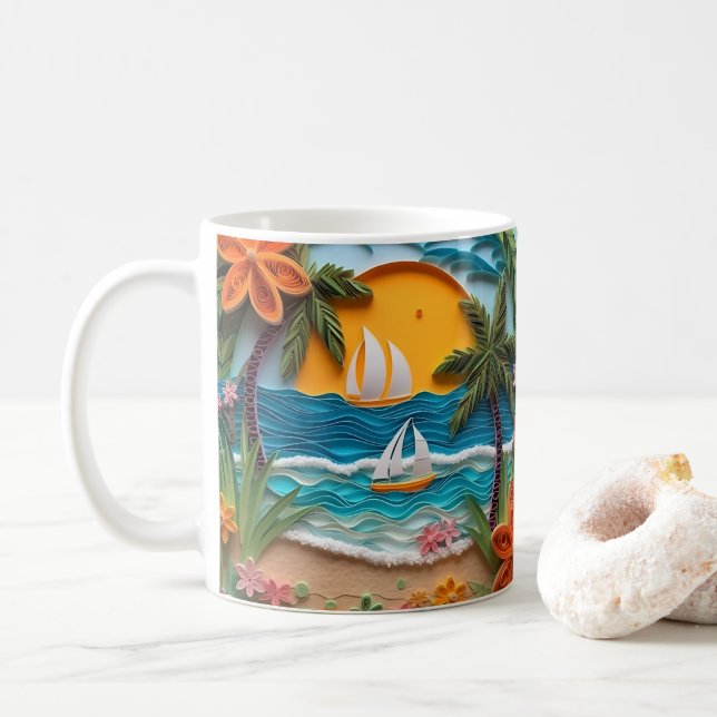 3D Looking Printed Tropical Beach Sailboat Coffee Mug (With Donut)