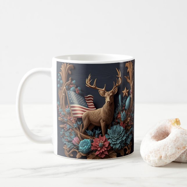 3D Looking Printed USA Flag Deer Buck Coffee Mug (With Donut)