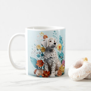 3D Looking Printed White Pastel Dog & Flowers Coffee Mug