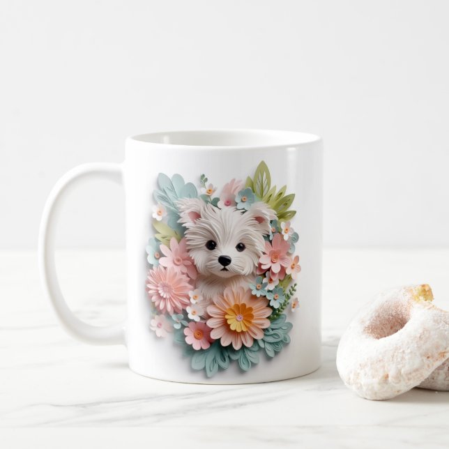 3D Looking Printed White Pastel Puppy Coffee Mug (With Donut)