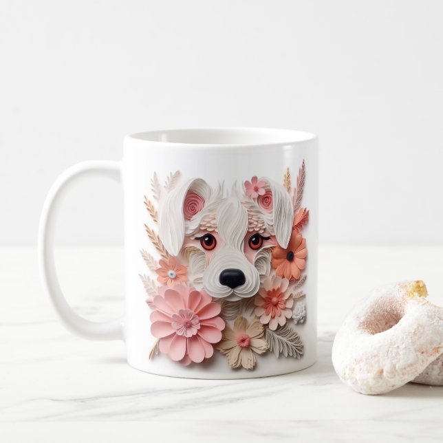 3D Looking Printed White Peach Puppy Coffee Mug (With Donut)