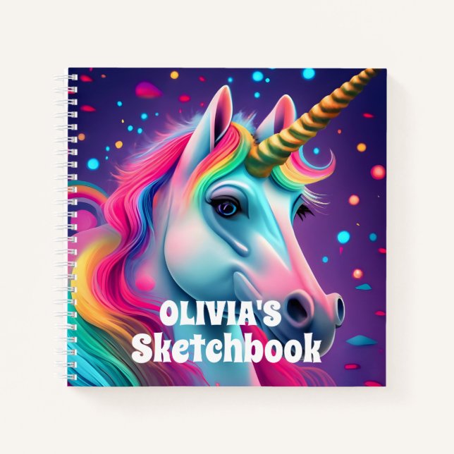 3D Magical Unicorn Personalised Kids Sketchbook Notebook (Front)