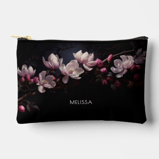 3D Magnolia Black Background Accessory Pouch (Front)
