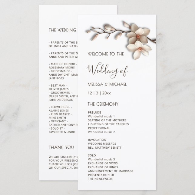 3D Magnolia Flowers Wedding Programme (Front/Back)