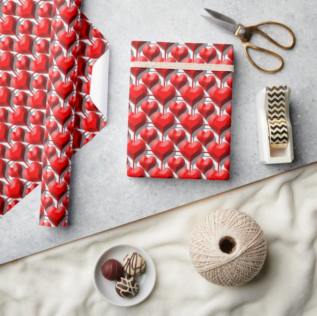 3D Metallic Red Hearts Grid Wrapping Paper (Crafts)