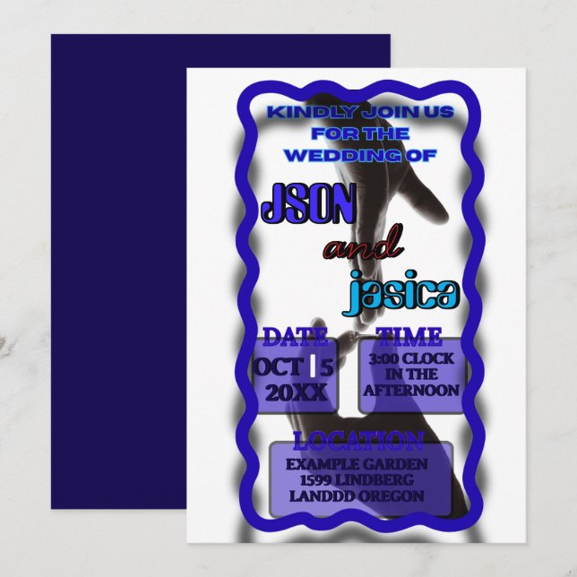 3D | Modern Blue Wavy Frame | Wedding Invitation (Front/Back)