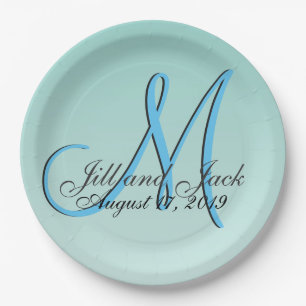 3d Monogram Green Mint Aqua Blue Paper Plate