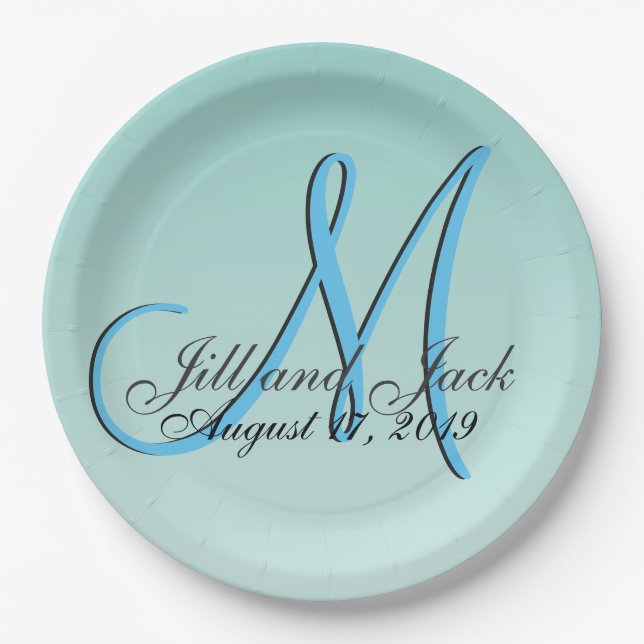 3d Monogram Green Mint Aqua Blue Paper Plate (Front)