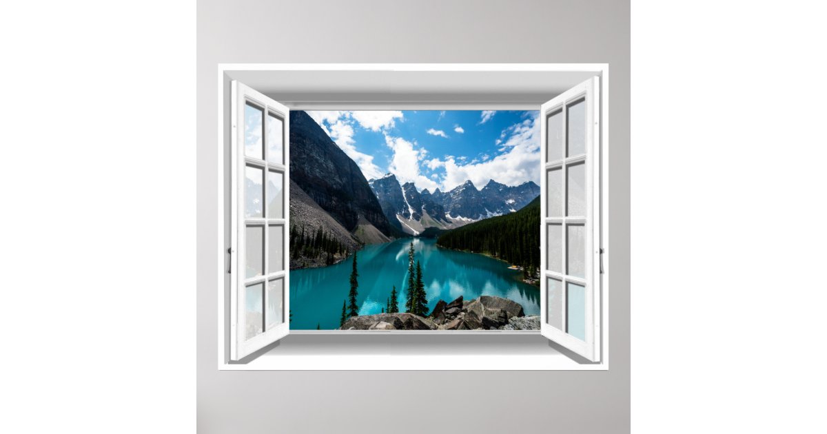 3D Mountains and Lake Landscape Fake Window View Poster | Zazzle