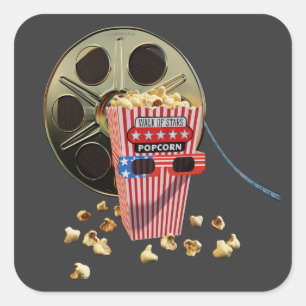 3D Movie Reel and Buttered Popcorn Square Sticker