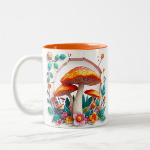 3d mushrooms appears through breaking hole design Two-Tone coffee mug