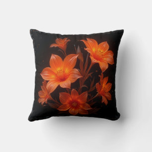 3d neon burnt orange flowers on black background cushion