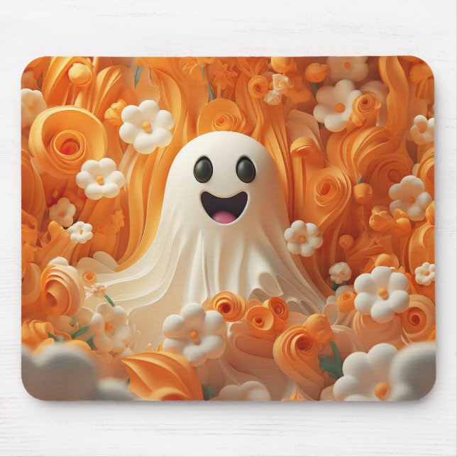 3D Orange and White Ghost  Mouse Mat (Front)