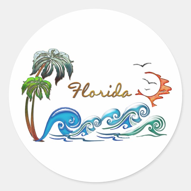 3d Palms, Waves & Sunset FLORIDA Classic Round Sticker (Front)