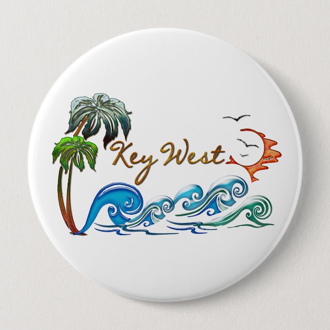 3d Palms, Waves & Sunset KEY WEST 10 Cm Round Badge (Front)