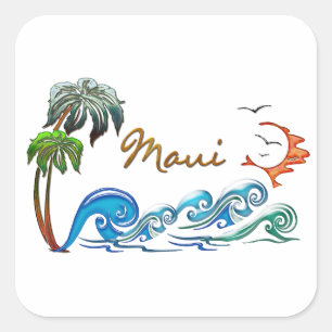 3d Palms, Waves & Sunset MAUI Square Sticker