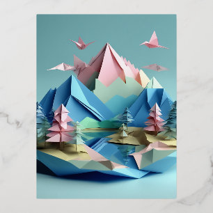  3d paper art, Lake scenery landscape, mountains,  Foil Holiday Postcard