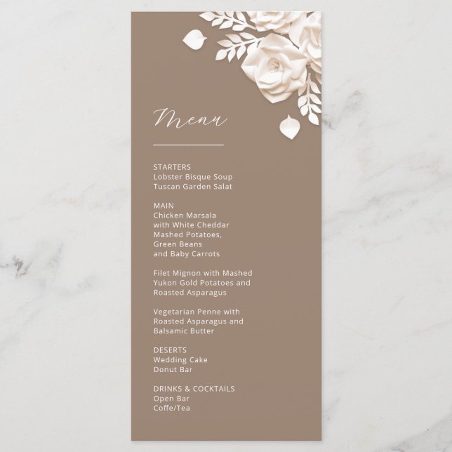 3D Paper Cut Beige Ivory Roses Menu (Front)