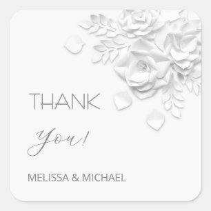 3D Paper Cut Roses Wedding Thank You Square Sticker