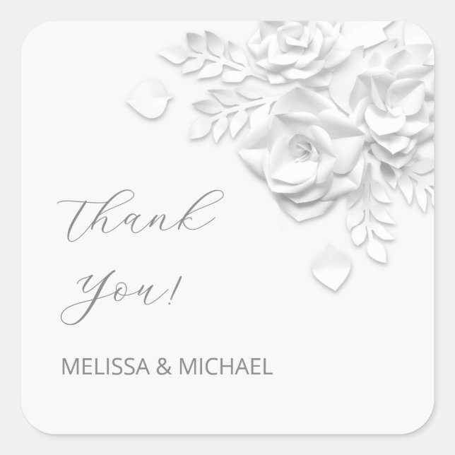 3D Paper Cut Roses Wedding Thank You Square Sticker (Front)