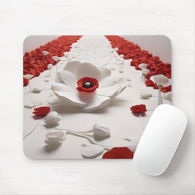 3D Paper Flower Art  Bold Red & White Design Mouse Mat (With Mouse)