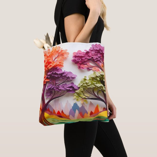 3D Paper Layer Multicolor Tree Landscape Gift Tote Bag (Close Up)