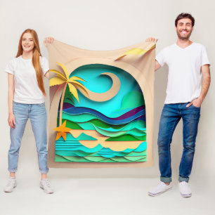 3D Papercraft Tropical Beach Fleece Blanket