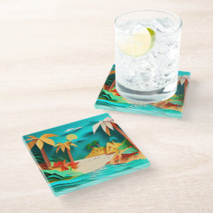 3D Papercraft Tropical Beach Glass Coaster