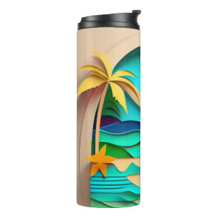 3D Papercraft Tropical Beach Thermal Tumbler