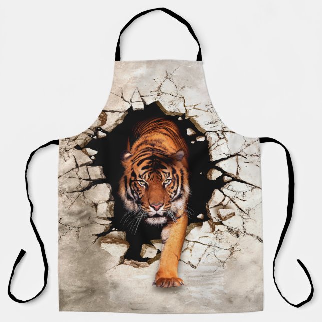 3d picture tiger emerges from the destroyed wallti apron (Front)