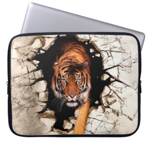 3d picture tiger emerges from the destroyed wallti laptop sleeve