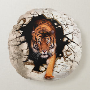 3d picture tiger emerges from the destroyed wallti round cushion