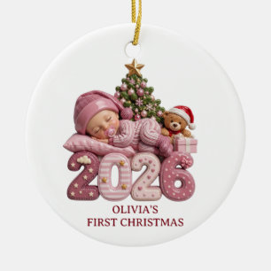 3D Pink Baby Girl First Christmas 2026 Custom Ceramic Tree Decoration