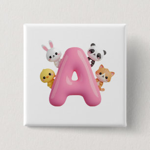 3D Pink Balloon Letter A Forest Animals Square But 15 Cm Square Badge
