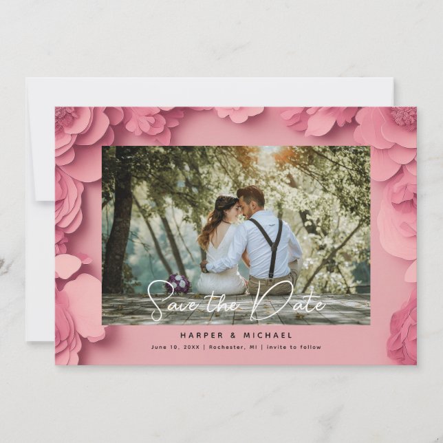 3d pink floral photo save the date invitation (Front)