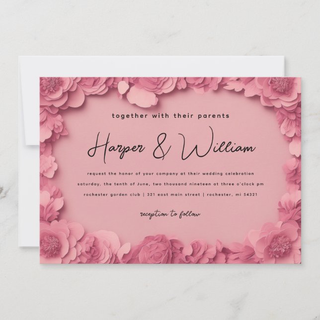 3d pink paper flowers horisontal wedding invitation (Front)