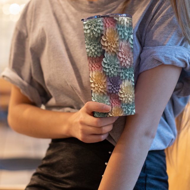 3D Pink Pastel Floral Thermal Tumbler (CUTE 3D FLORAL DAHLIA TUMBLER)