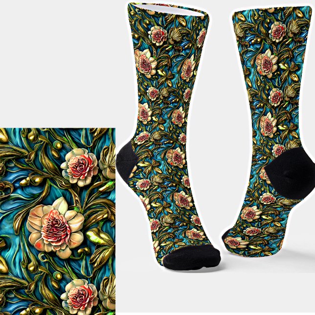 3D Pink Rose Flowers Green Leaves on Blue Socks (Creator Uploaded)