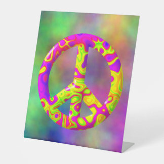 3D pink yellow psychedelic Peace Symbol on Plasma Pedestal Sign