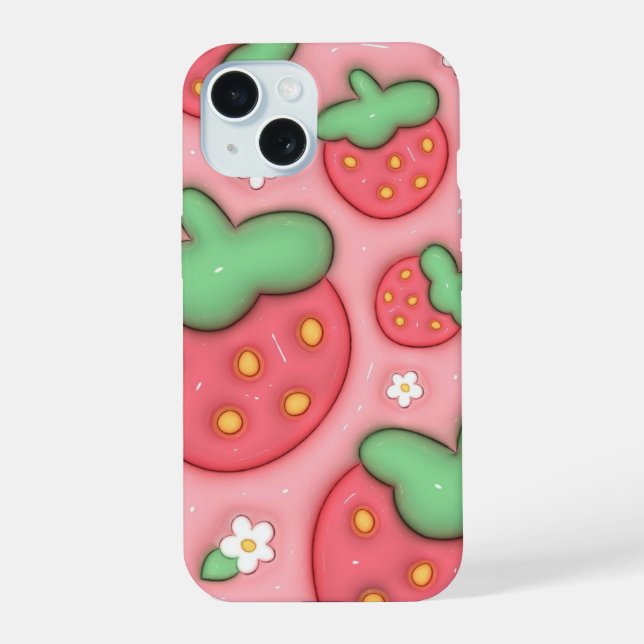 3D Puffy Pink Strawberry Aesthetic Phone Case (Back)