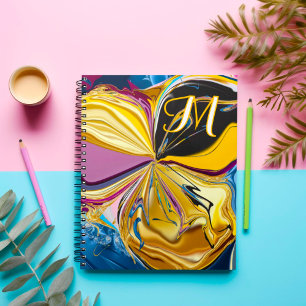 3D Purple Gold Flower Monogram Liquified Abstract Notebook