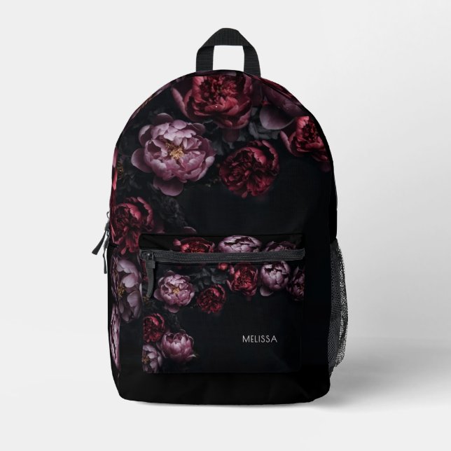 3D Purple Red Peonies Black Background Printed Backpack (Front)
