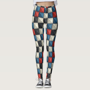 3D Pyramidal Geometric Pattern – Red, Blue & Cream Leggings